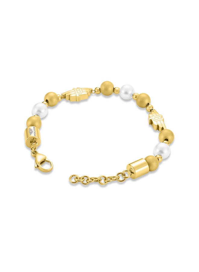 بوليس سوار بتصميم تعبيري مطلي بالذهب مع لؤلؤ أبيض وذهبي وشعار   بأسلوب جريء وفاخر - Image 3