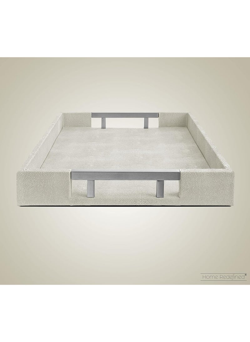 Home Redefined Modern Elegant 17.5"x12" Rectangle Natural Ivory Beige Faux Leather Shagreen Decorative Tray Ottoman Coffee Table Perfume Vanity Kitchen Serving Tray with Silver Metal Handles by Home Redefined. - Image 1