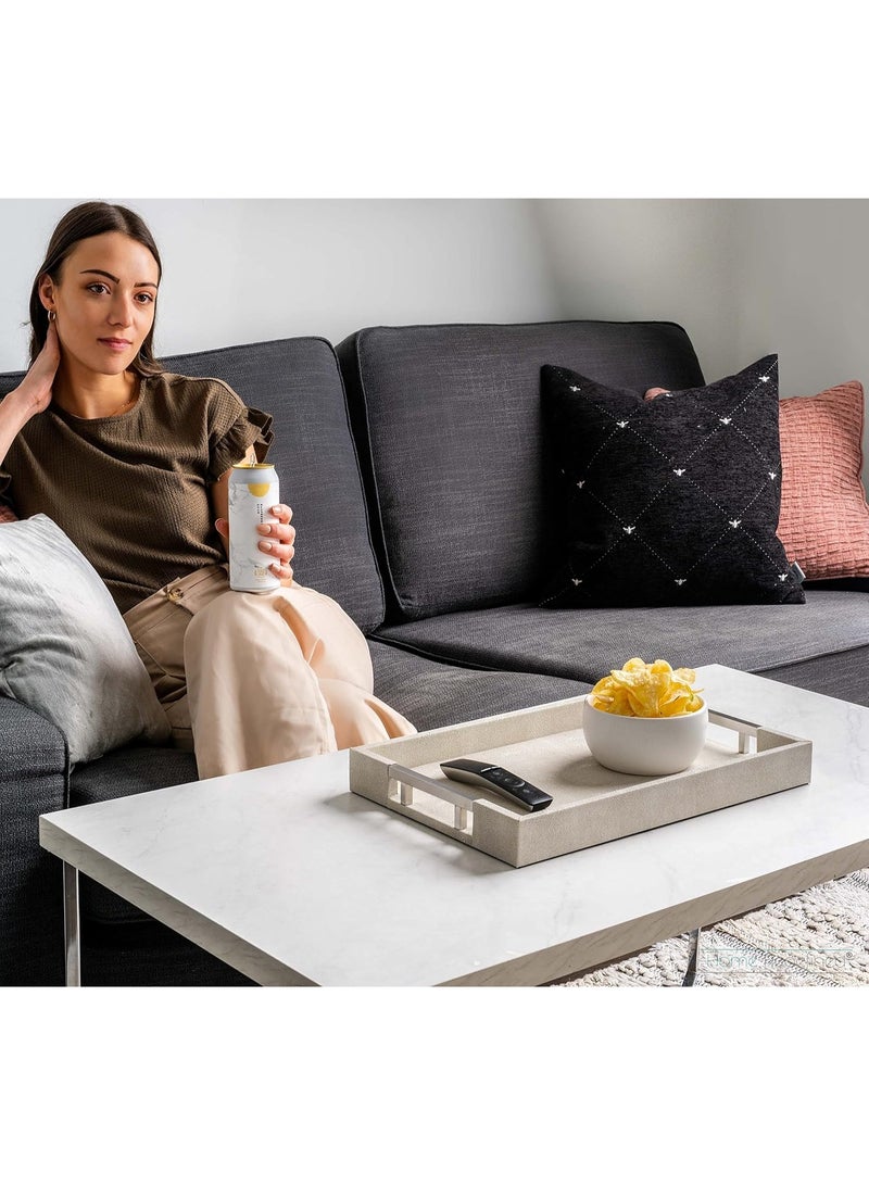 Home Redefined Modern Elegant 17.5"x12" Rectangle Natural Ivory Beige Faux Leather Shagreen Decorative Tray Ottoman Coffee Table Perfume Vanity Kitchen Serving Tray with Silver Metal Handles by Home Redefined. - Image 4