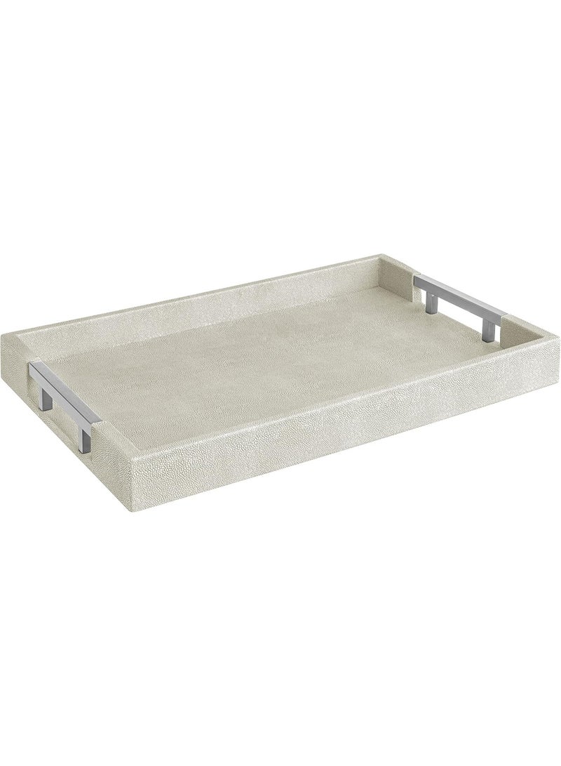 Home Redefined Modern Elegant 17.5"x12" Rectangle Natural Ivory Beige Faux Leather Shagreen Decorative Tray Ottoman Coffee Table Perfume Vanity Kitchen Serving Tray with Silver Metal Handles by Home Redefined. - Image 5