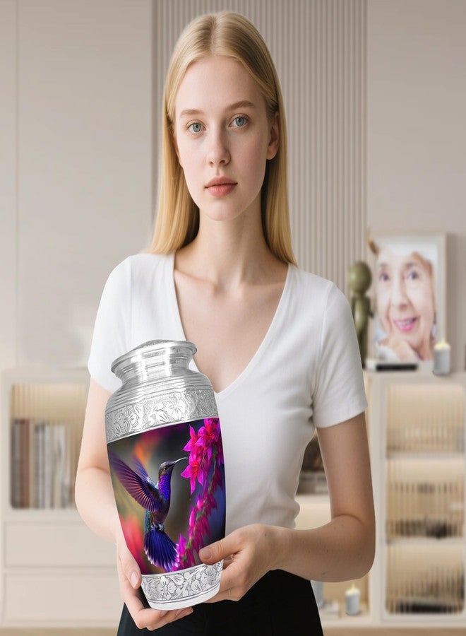 NANIURN Flying Hummingbird Cremation Urn, Silver Engraved Urns for Human Ashes Adult, Display at Niche at Columbarium, Aluminum Funeral Urn for Women & Men, Purple & Pink Flower -Large Decorative Urns - Image 3
