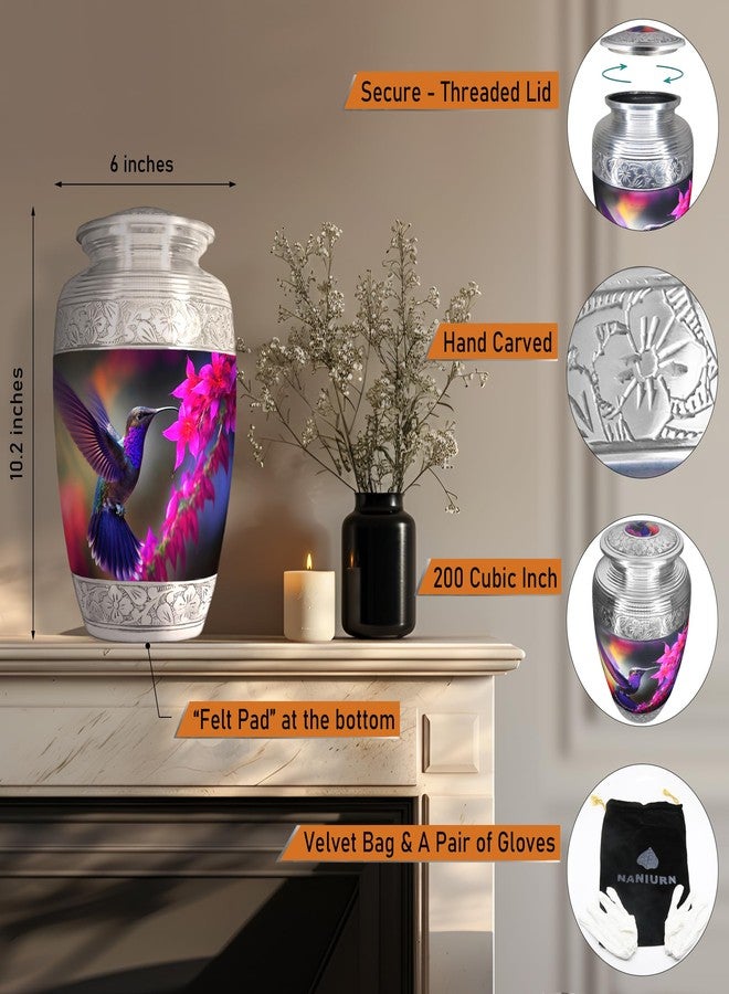 NANIURN Flying Hummingbird Cremation Urn, Silver Engraved Urns for Human Ashes Adult, Display at Niche at Columbarium, Aluminum Funeral Urn for Women & Men, Purple & Pink Flower -Large Decorative Urns - Image 2