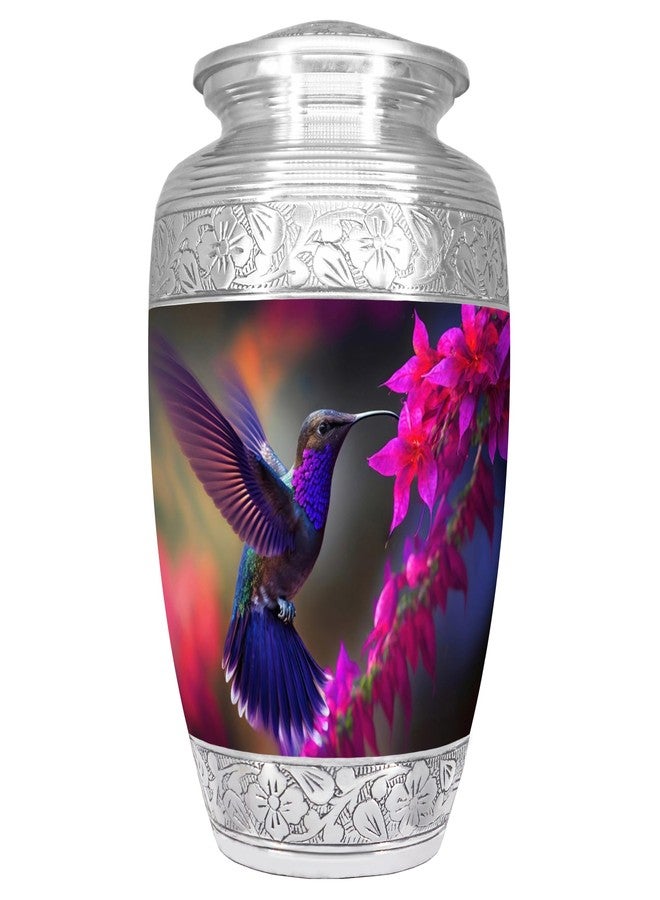 NANIURN Flying Hummingbird Cremation Urn, Silver Engraved Urns for Human Ashes Adult, Display at Niche at Columbarium, Aluminum Funeral Urn for Women & Men, Purple & Pink Flower -Large Decorative Urns - Image 1
