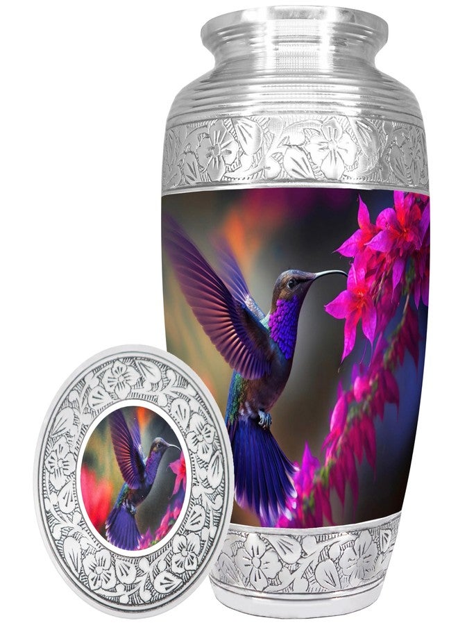 NANIURN Flying Hummingbird Cremation Urn, Silver Engraved Urns for Human Ashes Adult, Display at Niche at Columbarium, Aluminum Funeral Urn for Women & Men, Purple & Pink Flower -Large Decorative Urns - Image 4