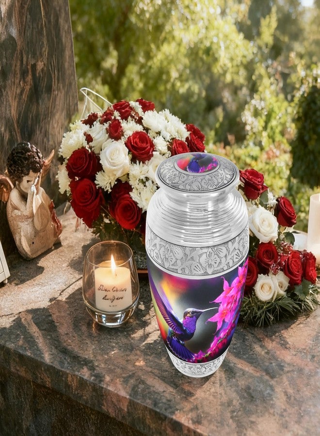 NANIURN Flying Hummingbird Cremation Urn, Silver Engraved Urns for Human Ashes Adult, Display at Niche at Columbarium, Aluminum Funeral Urn for Women & Men, Purple & Pink Flower -Large Decorative Urns - Image 5