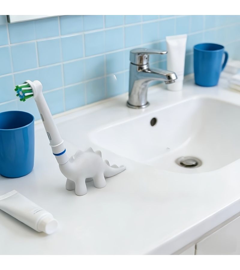 2 White Dinosaur Electric Toothbrush Holder Compatible With Oral B Electric Toothbrush Not For Io Or Pulsonic Series Heads Durable Plastic Stand Alone Space Saving Bathroom Storage