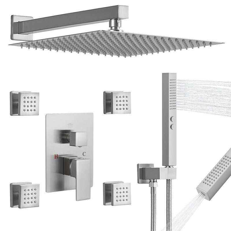 RUMOSE Rainfall Shower System with 4 Body Jets Wall Mounted 4 Mode Shower Faucet Set with 12 Inch Rain Shower Head and 2 in 1 Handheld Spray Brushed Nickel Brass Shower Fixtures Roughin Valve - Image 2