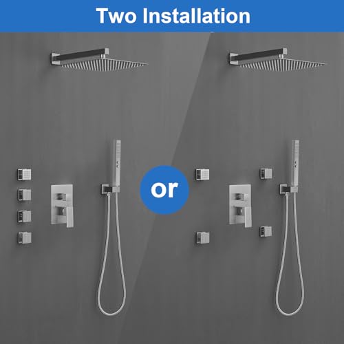 RUMOSE Rainfall Shower System with 4 Body Jets Wall Mounted 4 Mode Shower Faucet Set with 12 Inch Rain Shower Head and 2 in 1 Handheld Spray Brushed Nickel Brass Shower Fixtures Roughin Valve - Image 3