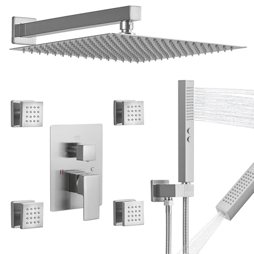 RUMOSE Rainfall Shower System with 4 Body Jets Wall Mounted 4 Mode Shower Faucet Set with 12 Inch Rain Shower Head and 2 in 1 Handheld Spray Brushed Nickel Brass Shower Fixtures Roughin Valve - Image 1