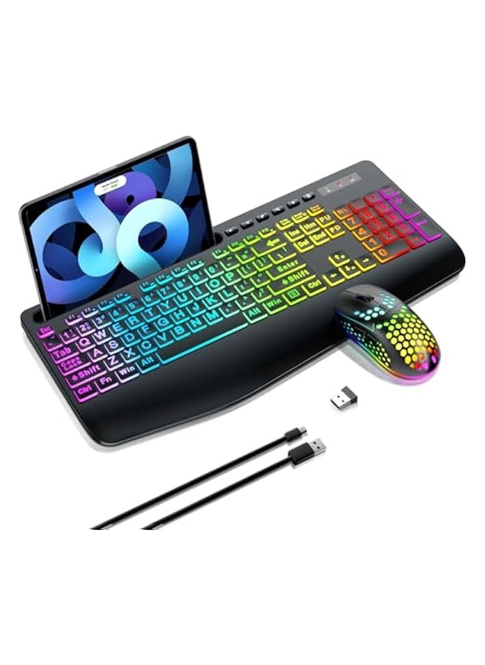PROMASS - Wireless Keyboard and Mouse Combo, Membrane Silent Gaming Keyboard with Mechanical Feeling, Full-Size Bluetooth/2.4GHz/wired keyboard, RGB Backlit, Ergonomic Wrist Rest for PC/Computer - Image 1