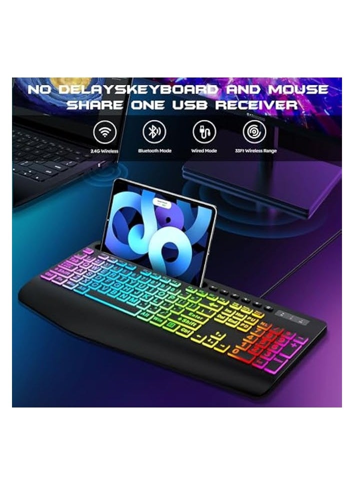 PROMASS - Wireless Keyboard and Mouse Combo, Membrane Silent Gaming Keyboard with Mechanical Feeling, Full-Size Bluetooth/2.4GHz/wired keyboard, RGB Backlit, Ergonomic Wrist Rest for PC/Computer - Image 1