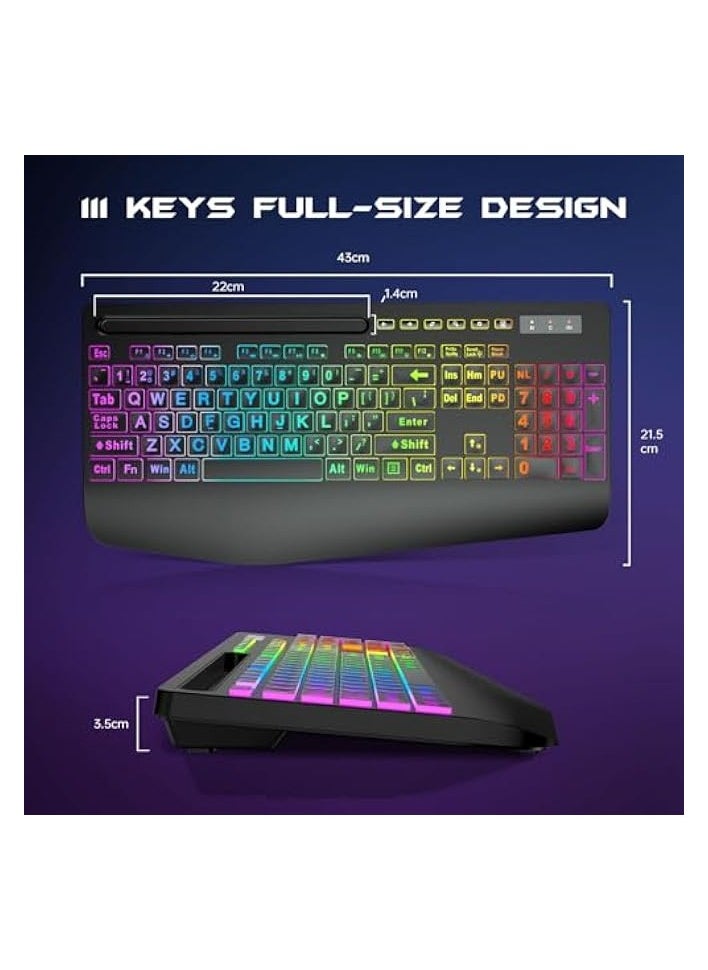 PROMASS - Wireless Keyboard and Mouse Combo, Membrane Silent Gaming Keyboard with Mechanical Feeling, Full-Size Bluetooth/2.4GHz/wired keyboard, RGB Backlit, Ergonomic Wrist Rest for PC/Computer - Image 1