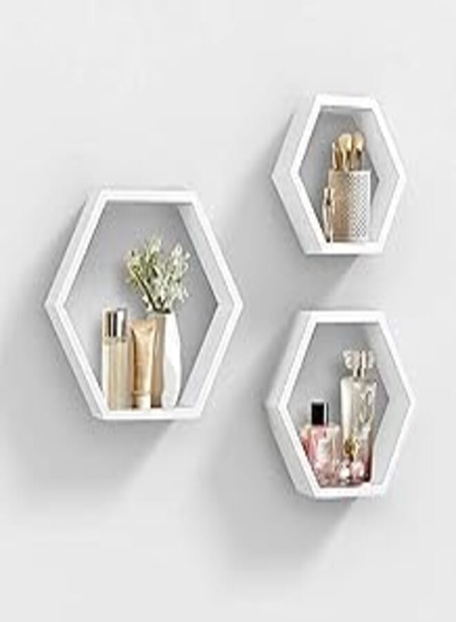 Wall mounted hexagon floating shelves, wooden wall organizer hanging shelf for home decor (3pcs) - white 