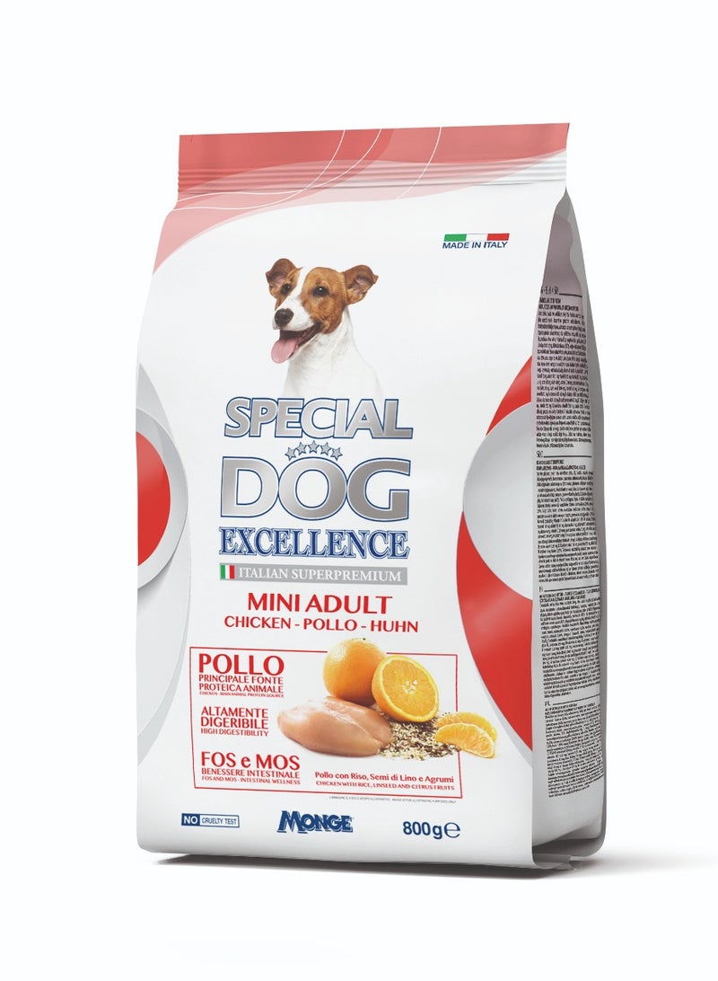 Monge Special Dog Excellence by Monge | Mini Adult Dog Dry Food with Chicken, Rice, linseed and Citrus Fruits | Super Premium Complementary Dry Dog Food - 800g
