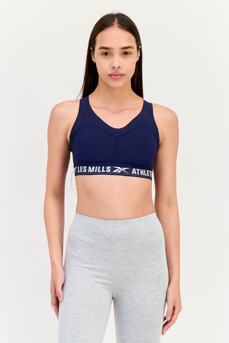 Reebok حمالة صدر رياضية مبطنة بشعار العلامة التجارية للنساء، أزرق داكن - Image 1