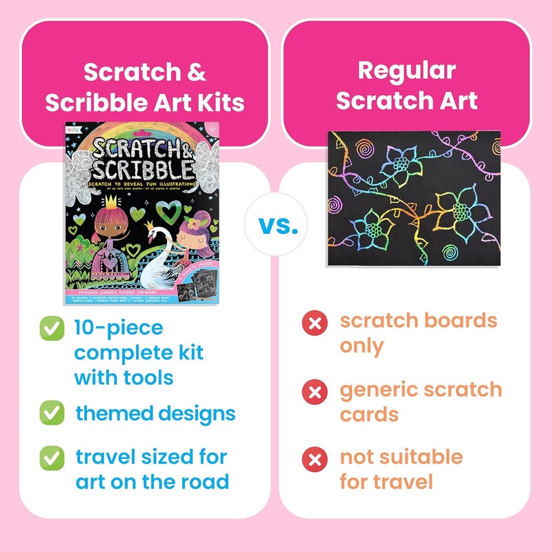 Ooly Scratch & Scribble 10pc Art Kit with 8 Total Scratch Cards (4 Illustrated, 2 Blank, 2 Rainbow) with Scratching Tool and Sparkled Stickers, Art Set Gifts for Kids - Princess Garden - Image 3