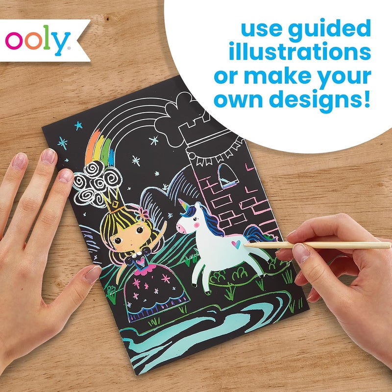 Ooly Scratch & Scribble 10pc Art Kit with 8 Total Scratch Cards (4 Illustrated, 2 Blank, 2 Rainbow) with Scratching Tool and Sparkled Stickers, Art Set Gifts for Kids - Princess Garden - Image 5