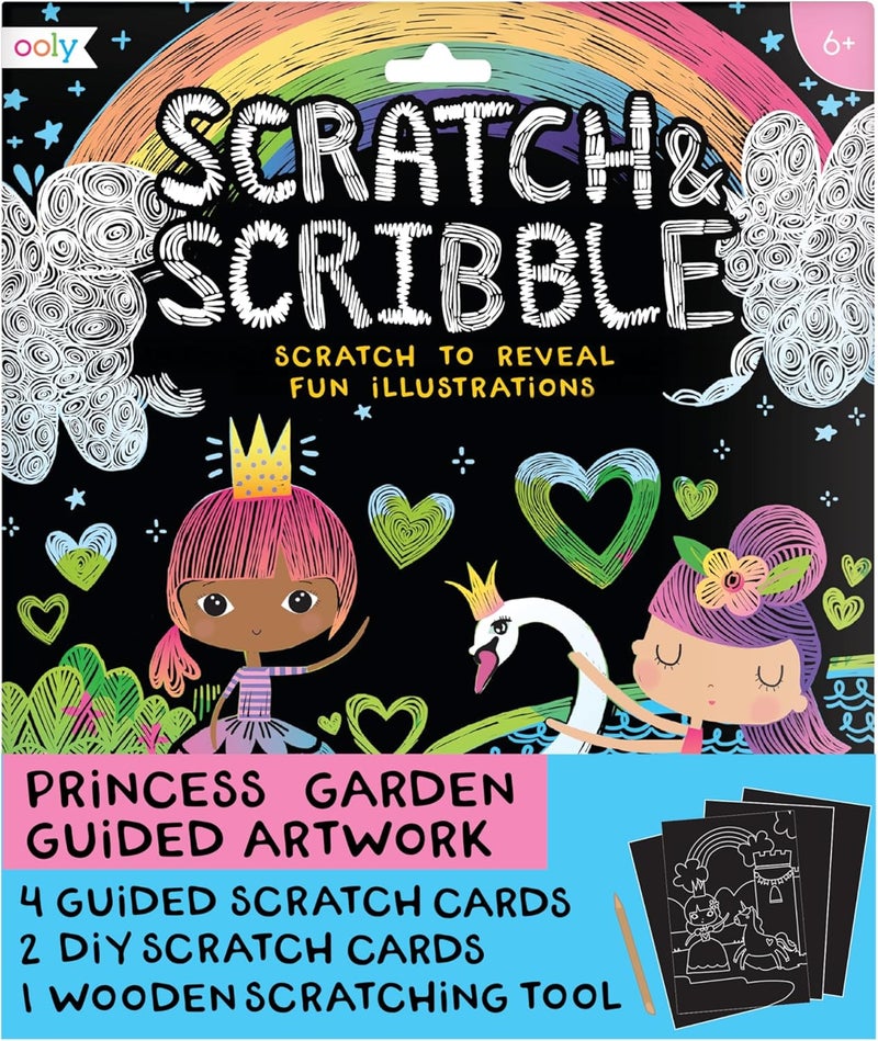 Ooly Scratch & Scribble 10pc Art Kit with 8 Total Scratch Cards (4 Illustrated, 2 Blank, 2 Rainbow) with Scratching Tool and Sparkled Stickers, Art Set Gifts for Kids - Princess Garden - Image 1