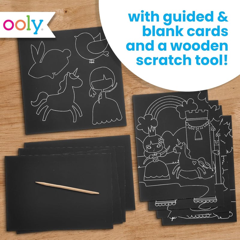 Ooly Scratch & Scribble 10pc Art Kit with 8 Total Scratch Cards (4 Illustrated, 2 Blank, 2 Rainbow) with Scratching Tool and Sparkled Stickers, Art Set Gifts for Kids - Princess Garden - Image 4