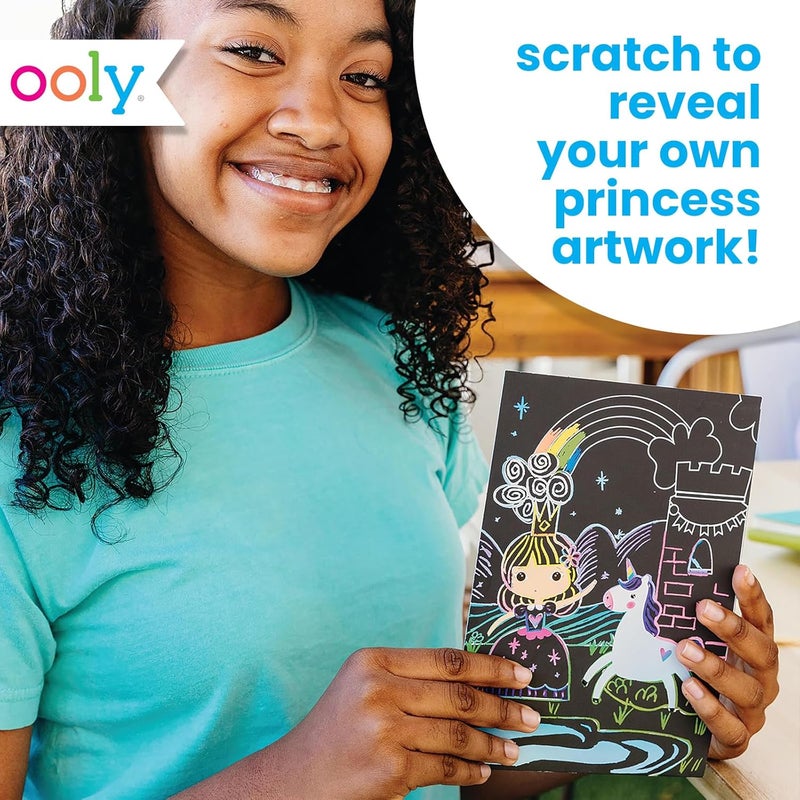 Ooly Scratch & Scribble 10pc Art Kit with 8 Total Scratch Cards (4 Illustrated, 2 Blank, 2 Rainbow) with Scratching Tool and Sparkled Stickers, Art Set Gifts for Kids - Princess Garden - Image 2