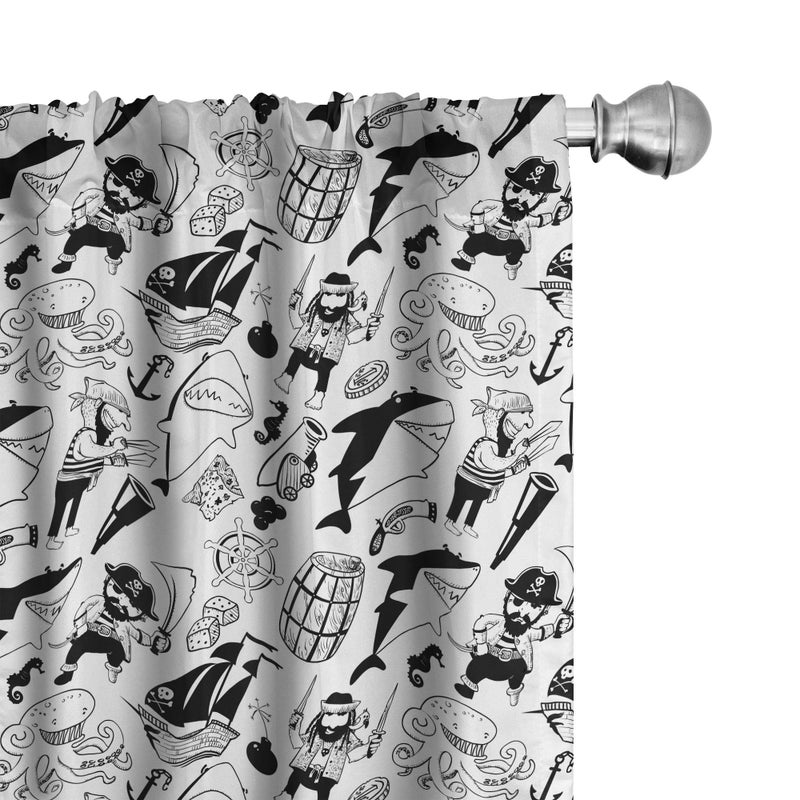 Ambesonne Pirates Window Curtains  Black and White Pattern with Buccaneer Characters Sharks and Nautical Elements  Lightweight Decor 2-Panel Set with Rod Pocket  Pair of - 28"" x 63""  Grey Black - Image 1