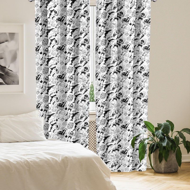 Ambesonne Pirates Window Curtains  Black and White Pattern with Buccaneer Characters Sharks and Nautical Elements  Lightweight Decor 2-Panel Set with Rod Pocket  Pair of - 28"" x 63""  Grey Black - Image 4