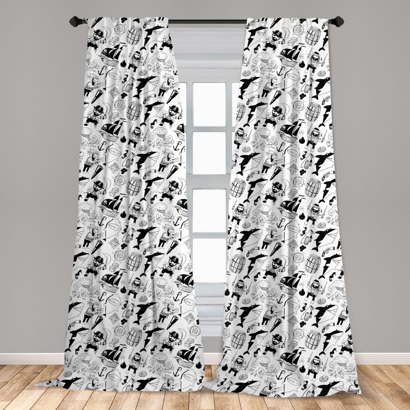 Ambesonne Pirates Window Curtains  Black and White Pattern with Buccaneer Characters Sharks and Nautical Elements  Lightweight Decor 2-Panel Set with Rod Pocket  Pair of - 28"" x 63""  Grey Black - Image 3