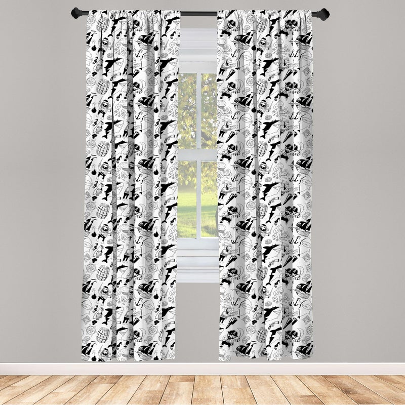Ambesonne Pirates Window Curtains  Black and White Pattern with Buccaneer Characters Sharks and Nautical Elements  Lightweight Decor 2-Panel Set with Rod Pocket  Pair of - 28"" x 63""  Grey Black - Image 2