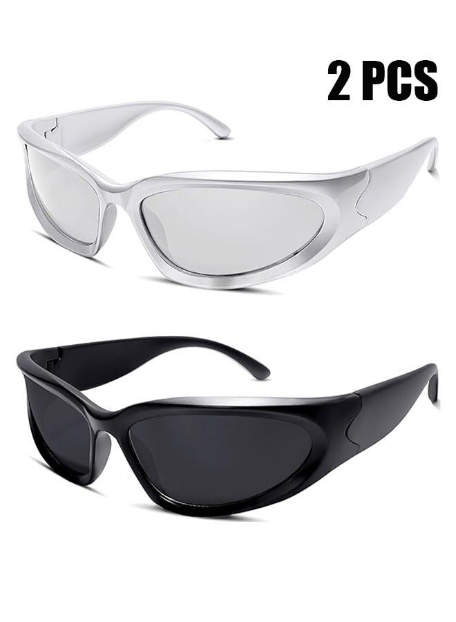 HY 2 Pairs Y2K Wrap Around Sunglasses Stylish Sports Futuristic Oval Glasses for Women Men Trendy Fashion Shades Silver - Image 1