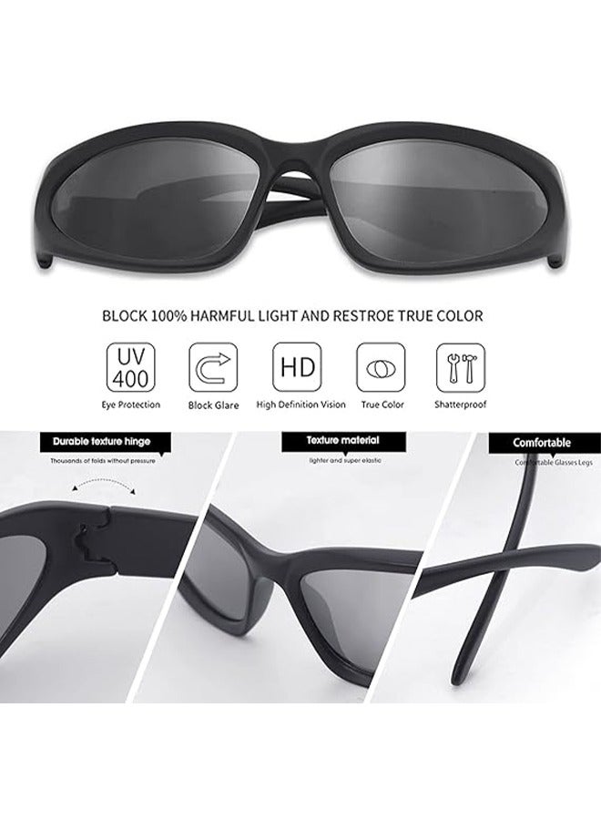 HY 2 Pairs Y2K Wrap Around Sunglasses Stylish Sports Futuristic Oval Glasses for Women Men Trendy Fashion Shades Silver - Image 4