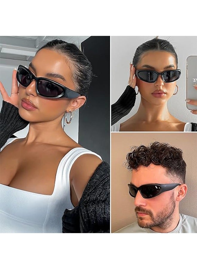 HY 2 Pairs Y2K Wrap Around Sunglasses Stylish Sports Futuristic Oval Glasses for Women Men Trendy Fashion Shades Silver - Image 3