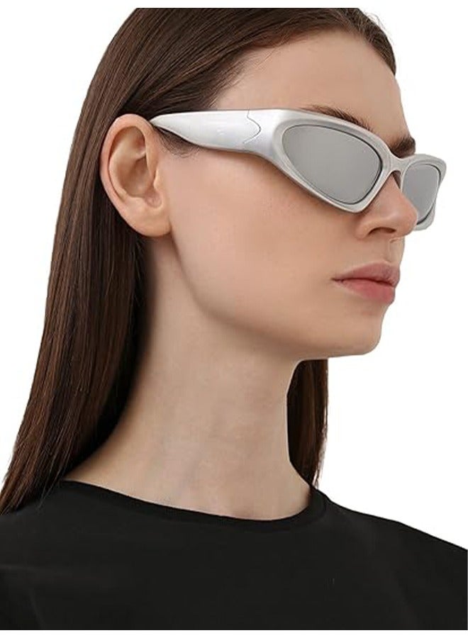 HY 2 Pairs Y2K Wrap Around Sunglasses Stylish Sports Futuristic Oval Glasses for Women Men Trendy Fashion Shades Silver - Image 2