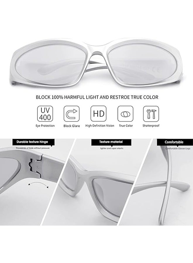 HY 2 Pairs Y2K Wrap Around Sunglasses Stylish Sports Futuristic Oval Glasses for Women Men Trendy Fashion Shades Silver - Image 5