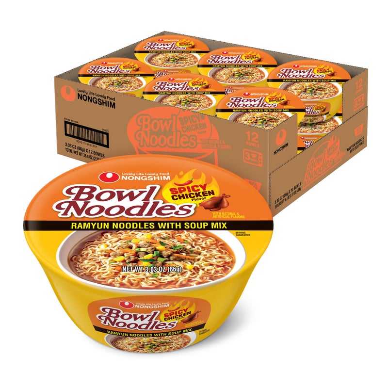Nongshim Spicy Chicken Noodle Soup Instant Ramen 12 Pack Korean Microwaveable Bowl Soup Mix Ramyun with Veggies Sabor a Pollo - Image 3