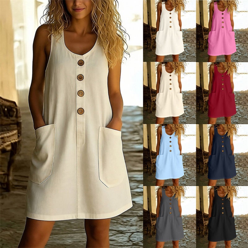 Women's Solid Color Cotton Linen Dress - Image 1