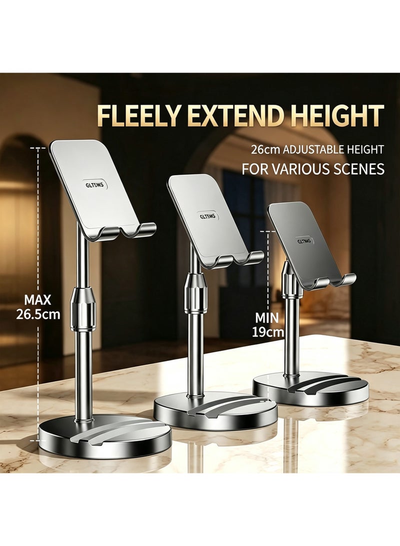 LuckSa Adjustable Phone Stand, Height 19-26.5cm Telescopic Desktop Phone Holder, 360° Rotatable Anti-Slip Desk Mount for Mobile Phone & Tablet, Silicone Protection Charging Friendly - Image 3