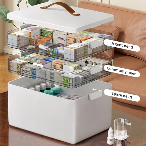 CTIME 3-Tier Medicine Organizer - Portable Medicine Cabinet with Leather Handle, Empty First Aid Kit for Home - Image 2