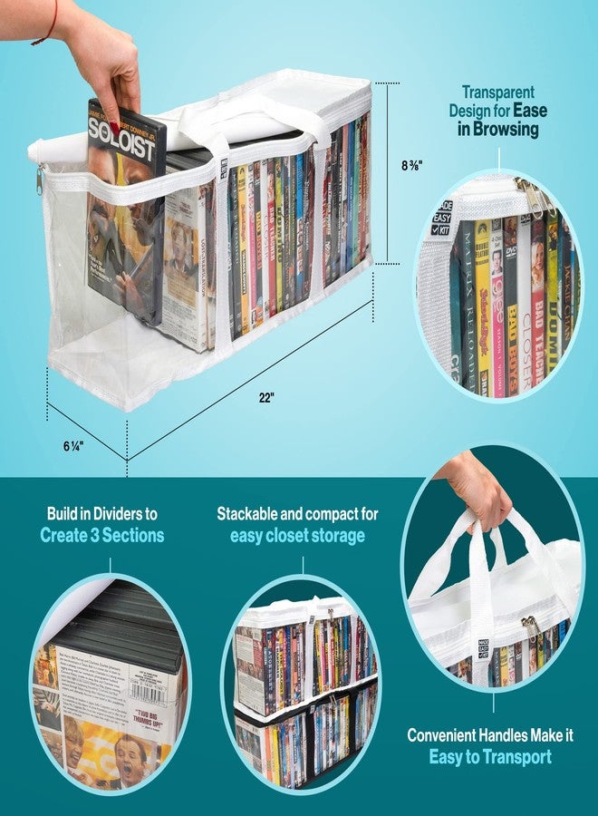 مايد إيزي كيت حقيبة تخزين أقراص DVD من Made Easy Kit - منظم PVC شفاف، مقابض مخيطة ثلاثياً، فواصل - قابلة للتكديس، موفرة للمساحة، تتسع لـ 40 علبة DVD - حاوية لأقراص الأفلام وألعاب الفيديو وأشرطة VHS (أبيض، 6 حقائب) - Image 2
