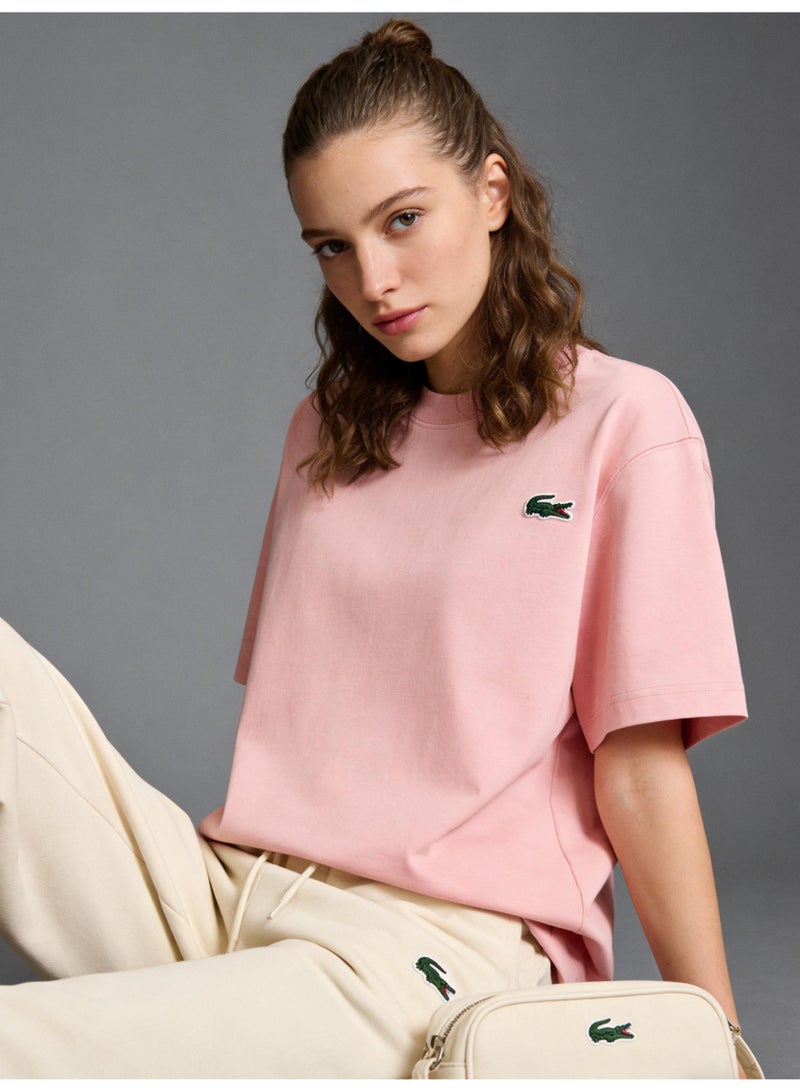 Laco men and women with the same heavy cotton T-shirt classic crocodile embroidery loose casual short-sleeved shirt multi-color optional. - Image 3