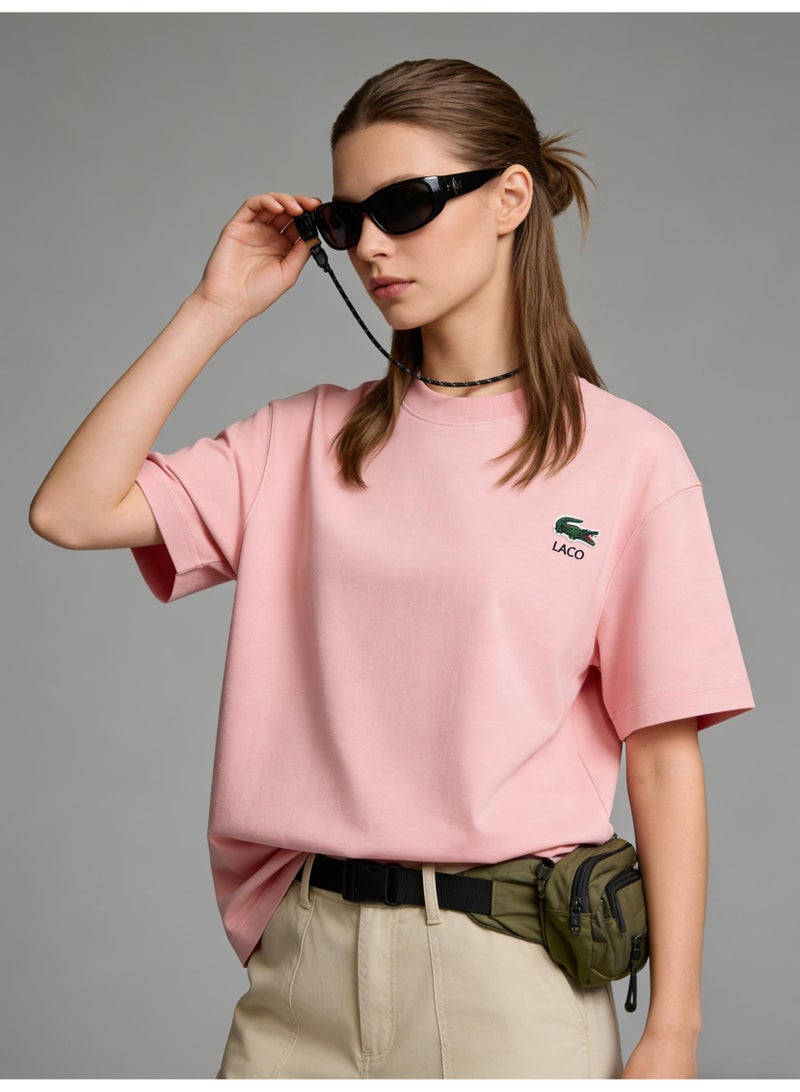 Laco men and women with the same heavy cotton T-shirt classic crocodile embroidery loose casual short-sleeved shirt multi-color optional. - Image 1