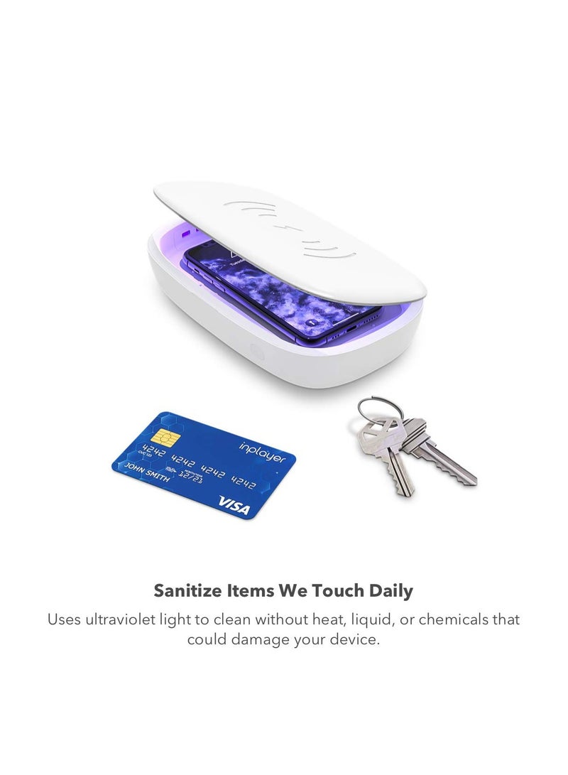 Smartphone light sanitizer with Universal Wireless Charging, UV Cell Phone Sanitizer, Dual Universal Cell Phone Charger Box, Electronics Qi Wireless Charger and UV Sanitizer - White