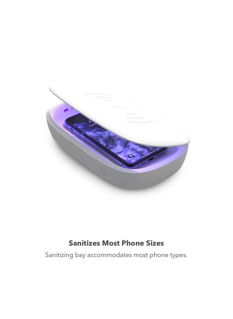 Smartphone light sanitizer with Universal Wireless Charging, UV Cell Phone Sanitizer, Dual Universal Cell Phone Charger Box, Electronics Qi Wireless Charger and UV Sanitizer - White