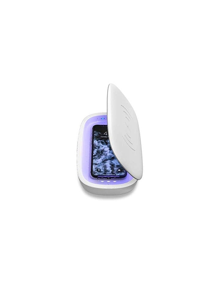 Smartphone light sanitizer with Universal Wireless Charging, UV Cell Phone Sanitizer, Dual Universal Cell Phone Charger Box, Electronics Qi Wireless Charger and UV Sanitizer - White