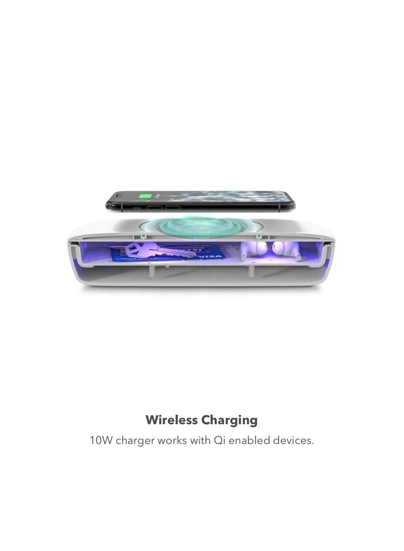 Smartphone light sanitizer with Universal Wireless Charging, UV Cell Phone Sanitizer, Dual Universal Cell Phone Charger Box, Electronics Qi Wireless Charger and UV Sanitizer - White