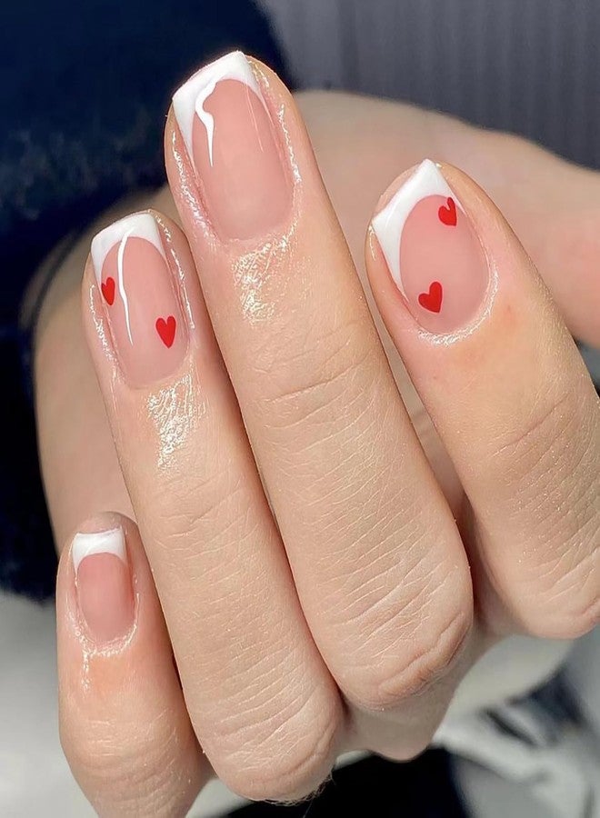 Vezocim Valentine Press on Nails Short Square French Tips Heart Glossy Full Cover Coffin Acrylic Fake Nails with Designs Heart Reusable False Nails with Glue Stick on Fingernails for Women - Image 1