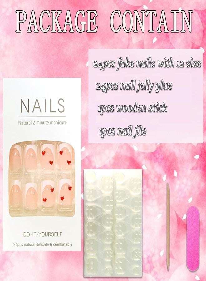 Vezocim Valentine Press on Nails Short Square French Tips Heart Glossy Full Cover Coffin Acrylic Fake Nails with Designs Heart Reusable False Nails with Glue Stick on Fingernails for Women - Image 4