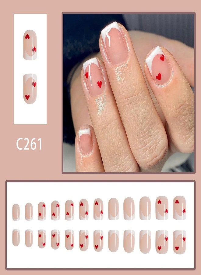 Vezocim Valentine Press on Nails Short Square French Tips Heart Glossy Full Cover Coffin Acrylic Fake Nails with Designs Heart Reusable False Nails with Glue Stick on Fingernails for Women - Image 2