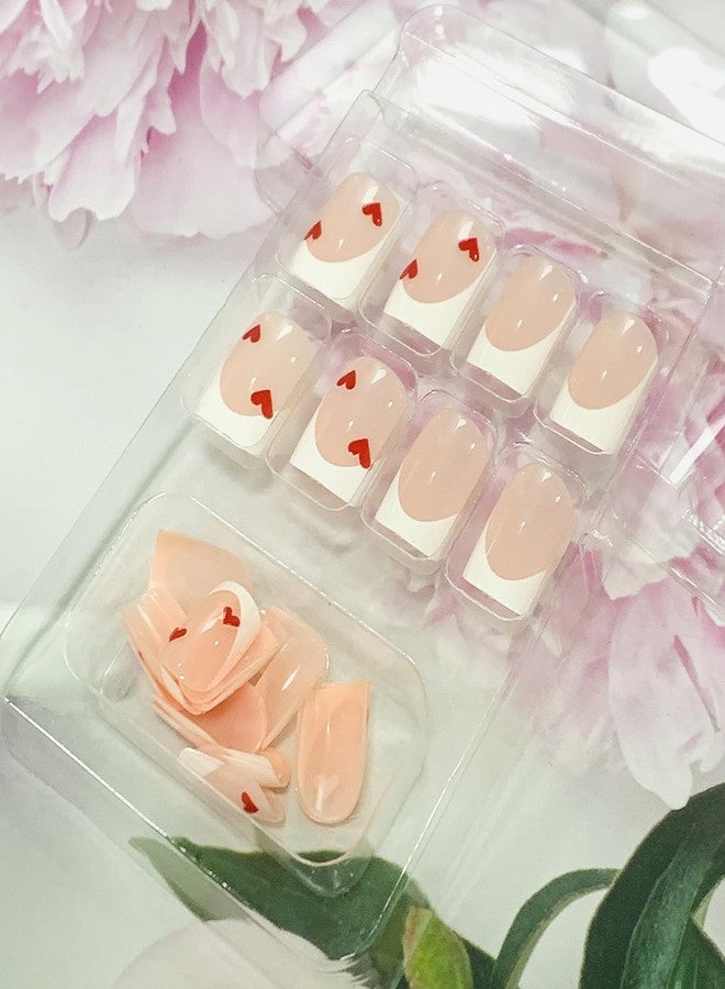 Vezocim Valentine Press on Nails Short Square French Tips Heart Glossy Full Cover Coffin Acrylic Fake Nails with Designs Heart Reusable False Nails with Glue Stick on Fingernails for Women - Image 5