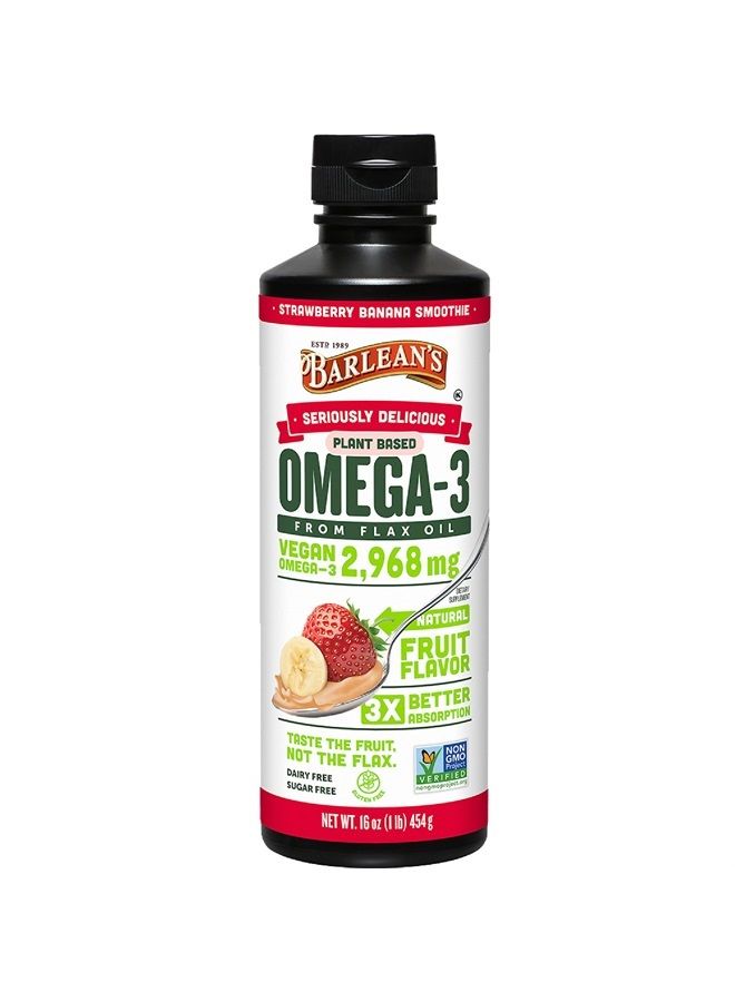 BARLEAN'S Strawberry Banana Flaxseed Oil Liquid, Vegan Omega 3 6 9 Supplements for Kids & Adults from Cold Pressed Flax Seed Oil with 2,968 mg of Vegan Omegas, Non-GMO & Gluten Free, 16 oz - Image 1
