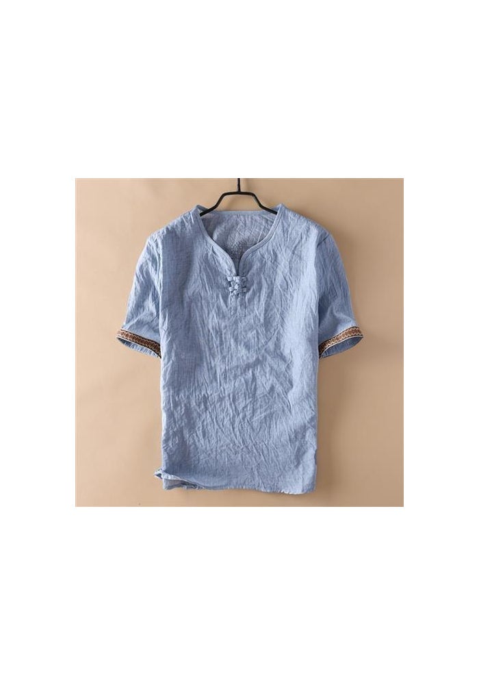 Summer New Chinese Style Men's Faux Linen Cotton Thin Short-sleeved T-shirt Men's Chinese Style Button Ethnic Retro Style - Image 1